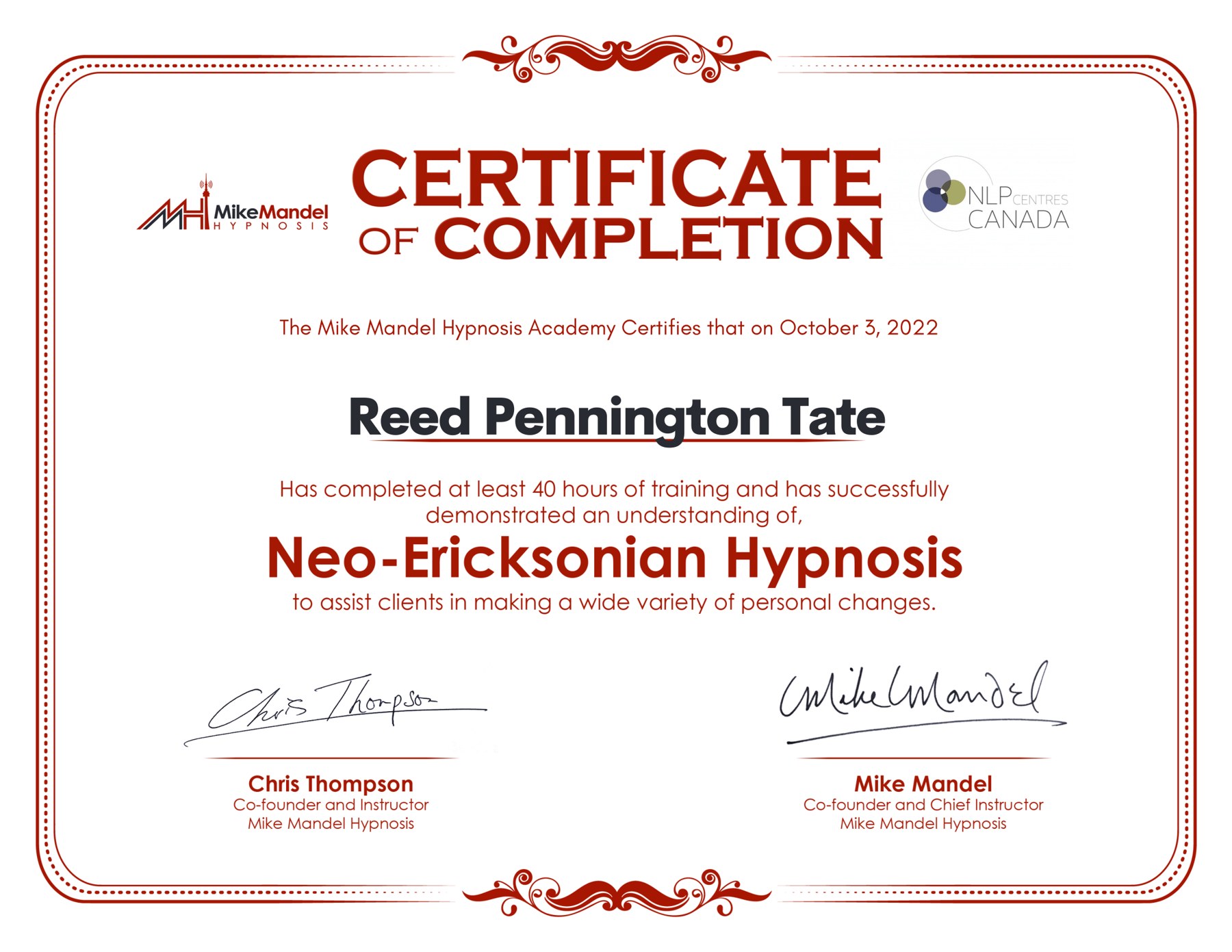 Certified Hypnotist certificate