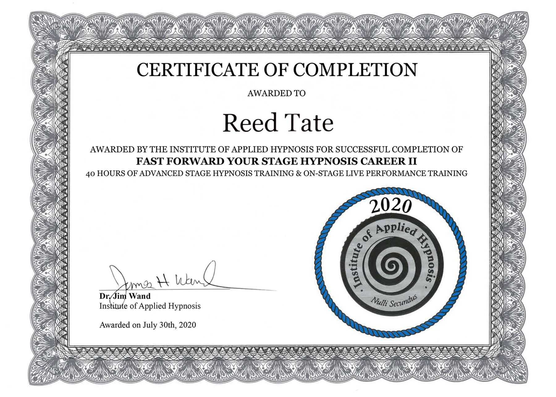Fast Forward Your Stage Hypnosis Career II certificate