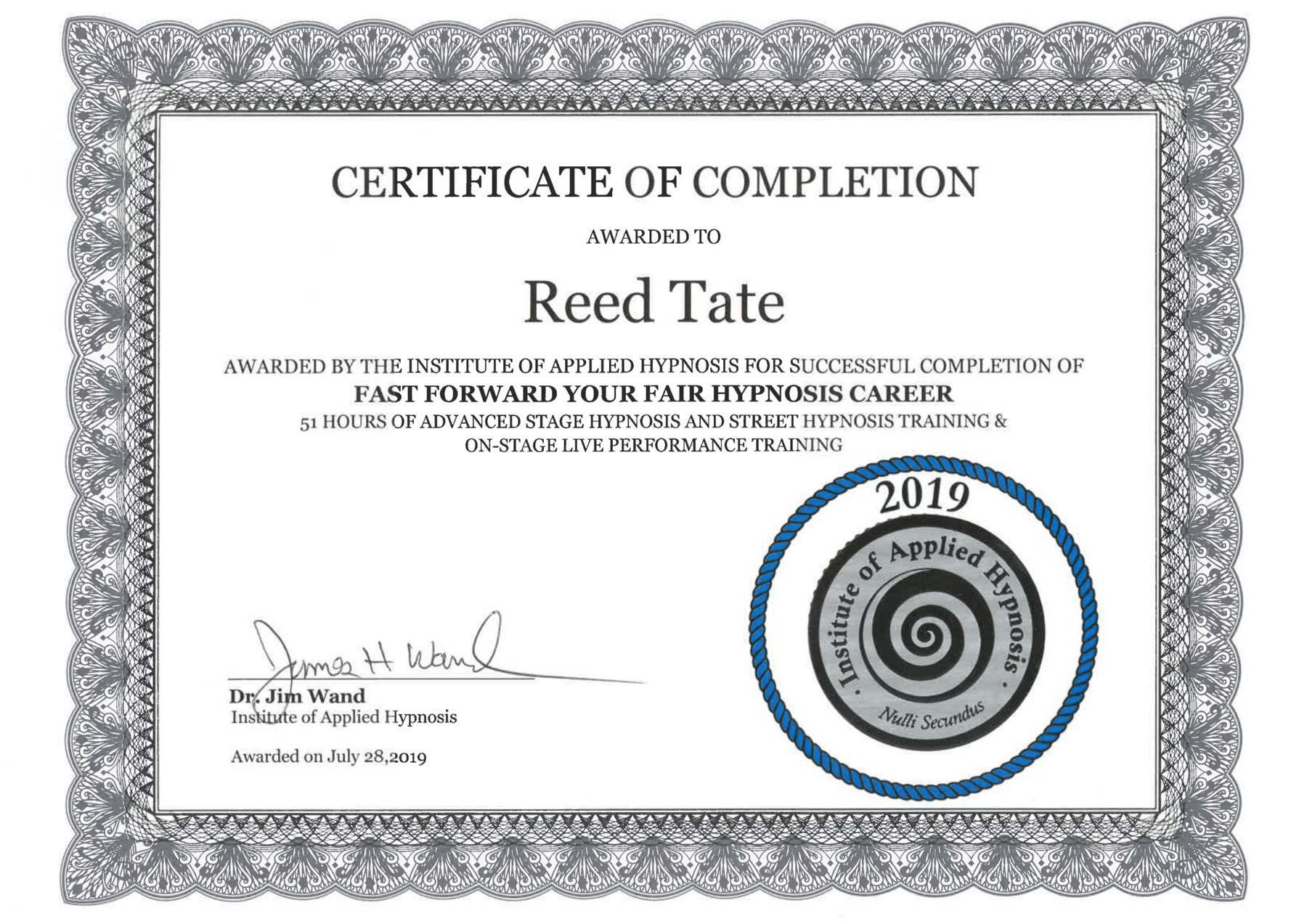 Fast Forward Your Fair Hypnosis Career certificate